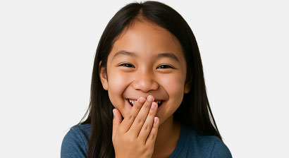 young girl smiling and giggling with hand partially covering her mouth